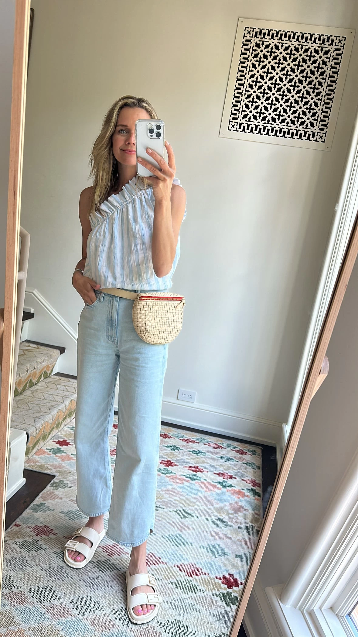 One Shoulder Ruffle Top, Blue And White Striped Seersucker 5 One Shoulder Ruffle Top, Blue And White Striped Seersucker - Image 3