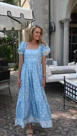 Puff Sleeve Maxi Dress, Blue Ditsy Cotton Poplin -Fashion Comprehensive Discount Store DSC 2704