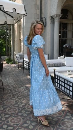 Puff Sleeve Maxi Dress, Blue Ditsy Cotton Poplin -Fashion Comprehensive Discount Store DSC 2707