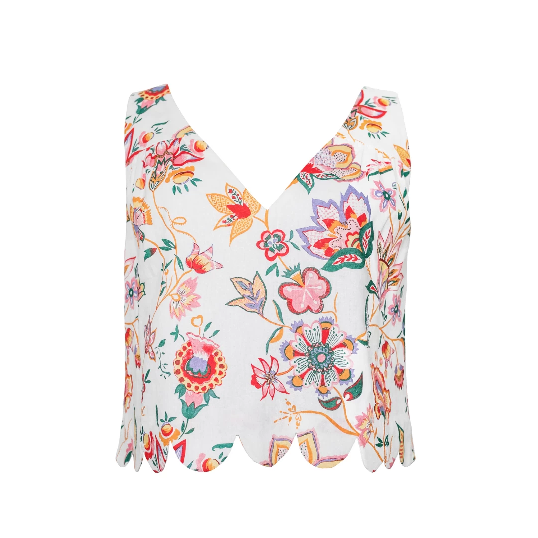 V-Neck Scallop Detail Tank, Jacobean Linen 3 V-Neck Scallop Detail Tank, Jacobean Linen