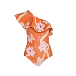 Tucan One Piece Bathing Suit, Orange Flowers