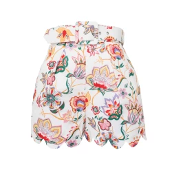 Belted Scallop Shorts, Jacobean Linen