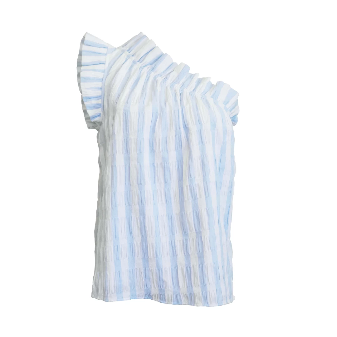One Shoulder Ruffle Top, Blue And White Striped Seersucker 3 One Shoulder Ruffle Top, Blue And White Striped Seersucker