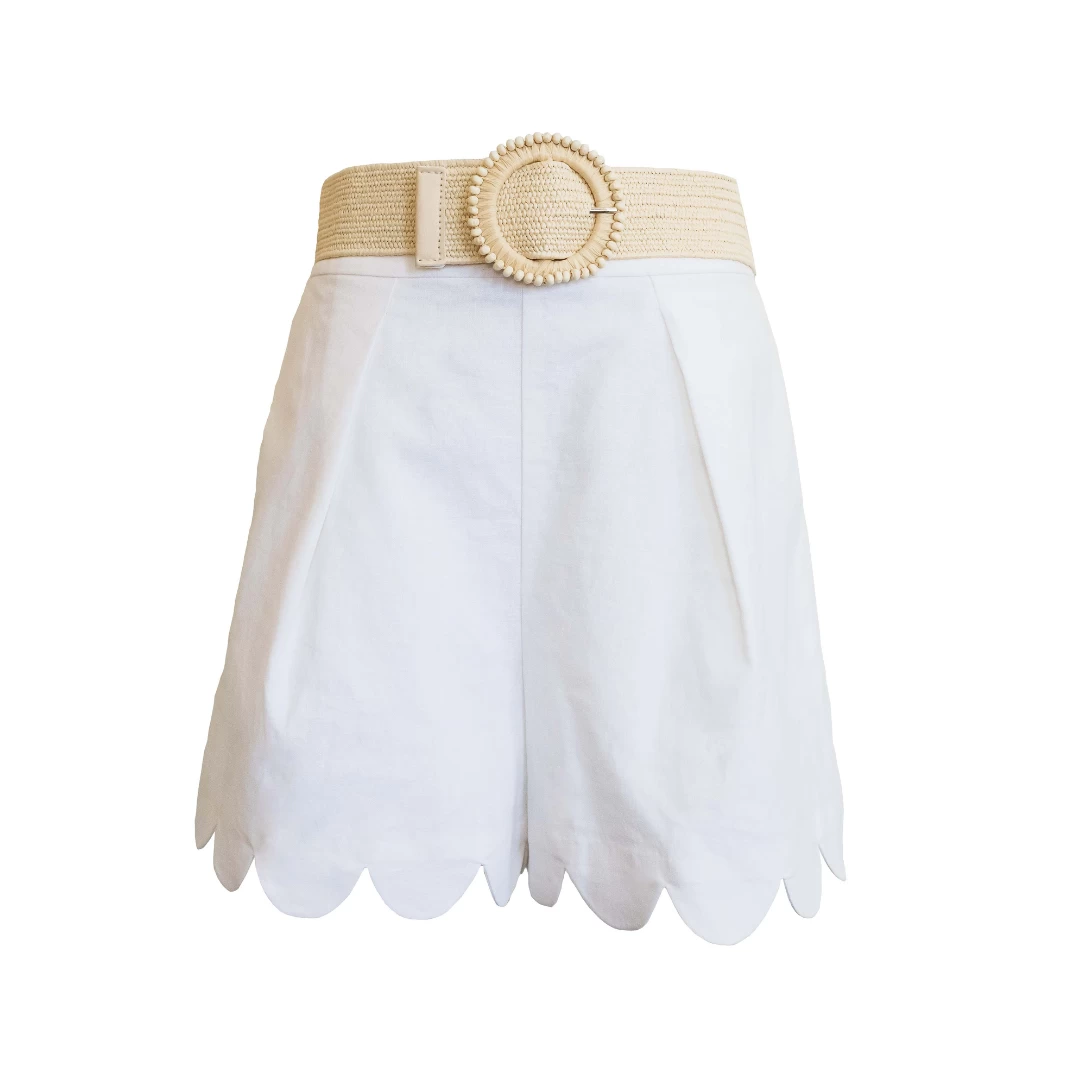 Raffia Belted Scallop Shorts, White Linen 3 Raffia Belted Scallop Shorts, White Linen