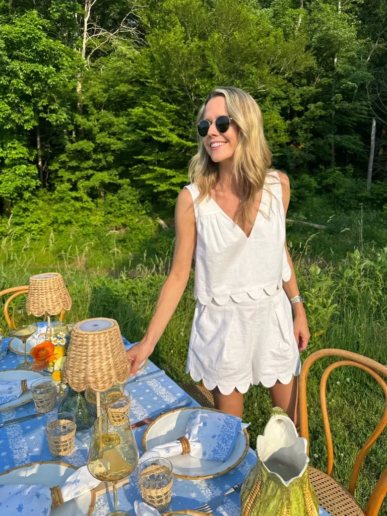 Raffia Belted Scallop Shorts, White Linen 4 Raffia Belted Scallop Shorts, White Linen - Image 2