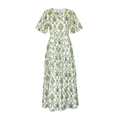 Pleated Midi Dress, Green And Ivory Trellis Print