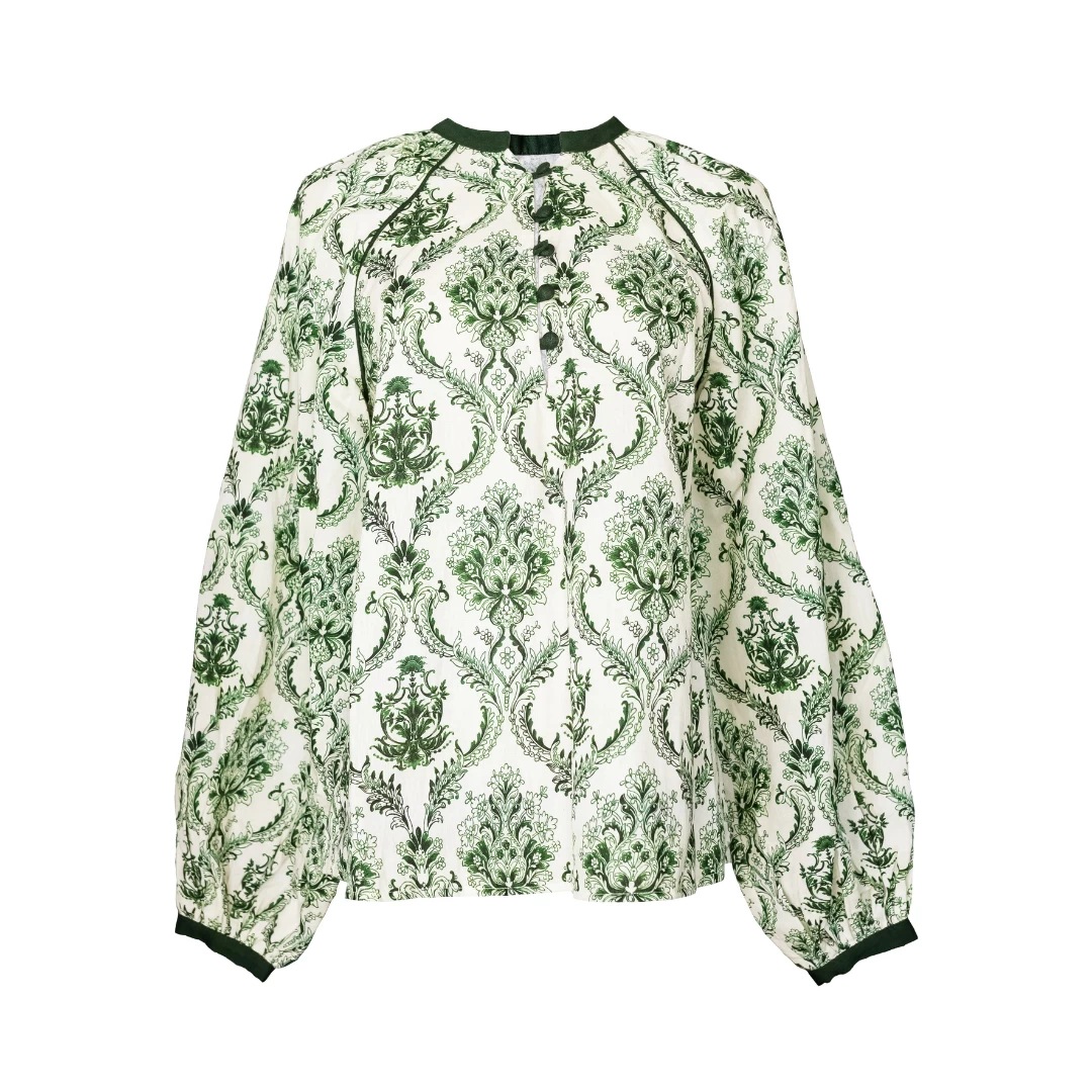 Blouse, Green And Ivory Trellis Print 3 Blouse, Green And Ivory Trellis Print